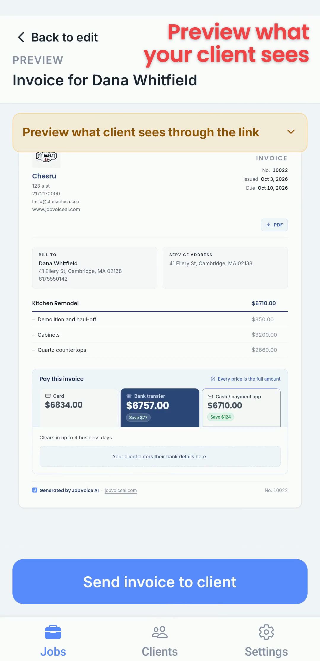 Start a job, talk it through, and send the invoice — then see it paid