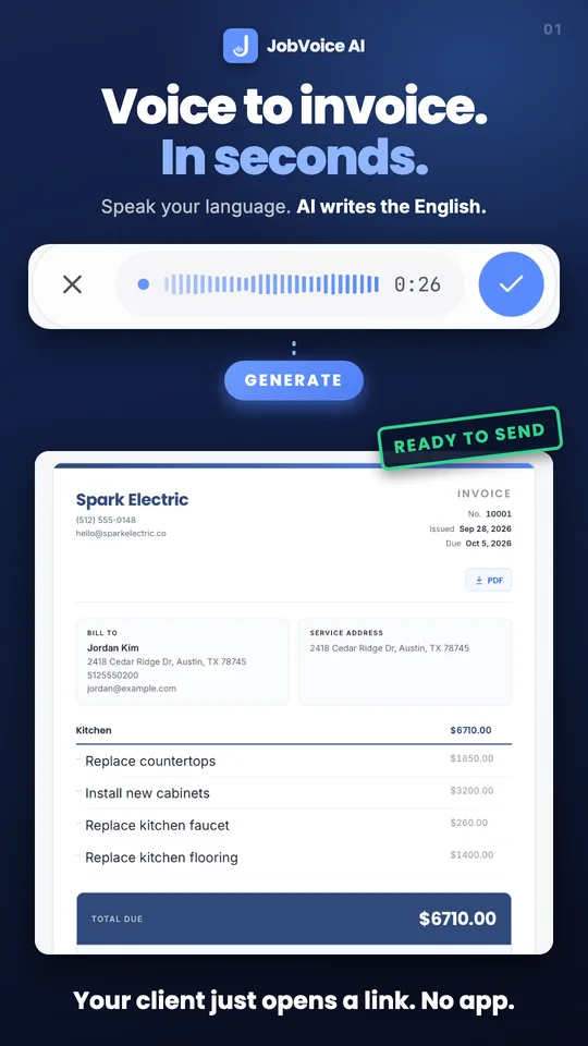 Voice to invoice. In seconds. Speak your language — AI writes the English.