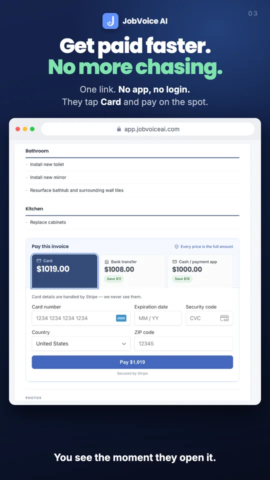 Get paid faster. No more chasing. Your client pays by card or bank from one link.